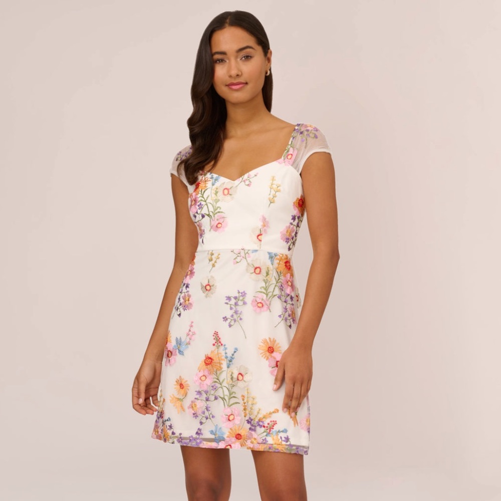 🌷Floral Embroidered Dress With Sheer Cap Sleeves